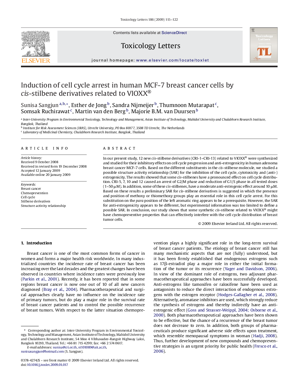 Induction of cell cycle arrest in human MCF-7 breast cancer cells by cis-stilbene derivatives related to VIOXX®