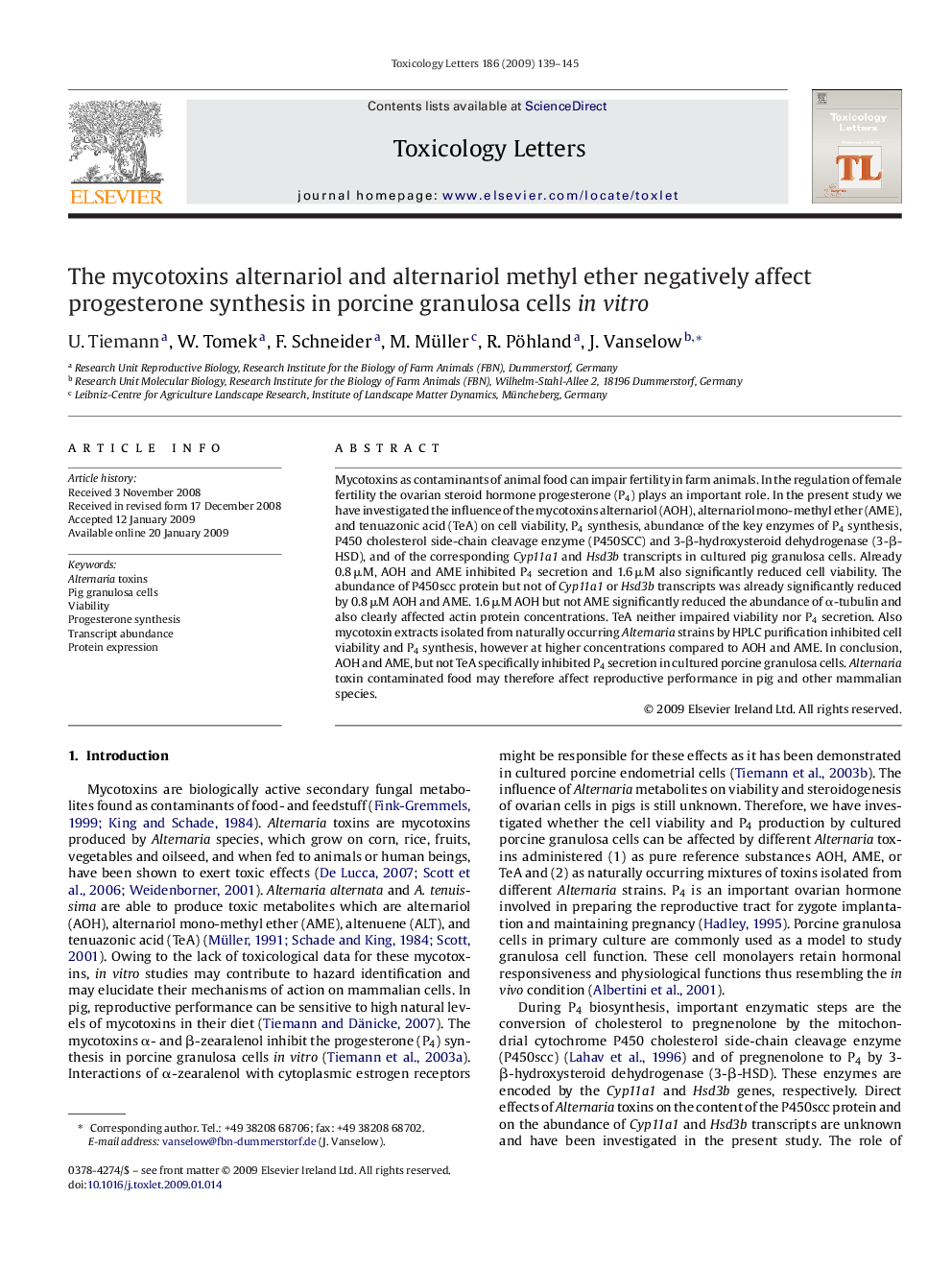 The mycotoxins alternariol and alternariol methyl ether negatively affect progesterone synthesis in porcine granulosa cells in vitro