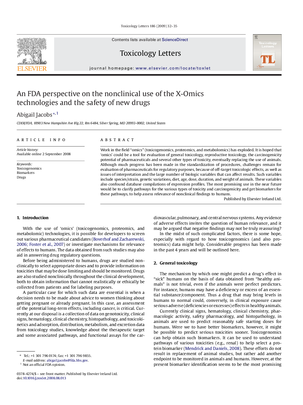 An FDA perspective on the nonclinical use of the X-Omics technologies and the safety of new drugs