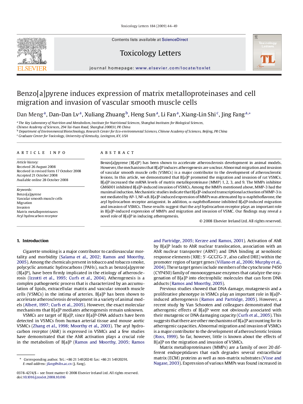 Benzo[a]pyrene induces expression of matrix metalloproteinases and cell migration and invasion of vascular smooth muscle cells