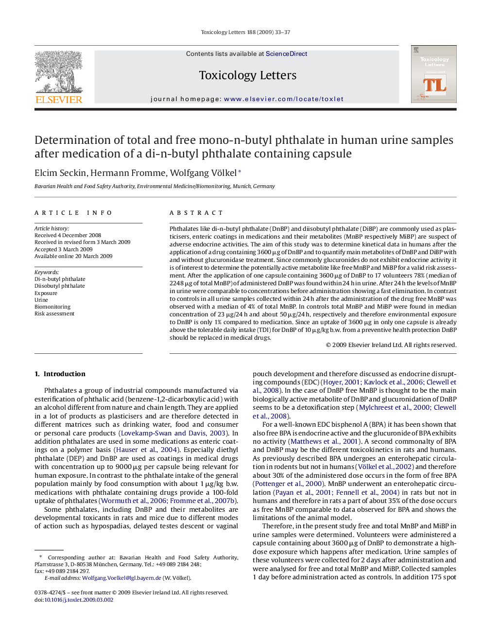 Determination of total and free mono-n-butyl phthalate in human urine samples after medication of a di-n-butyl phthalate containing capsule