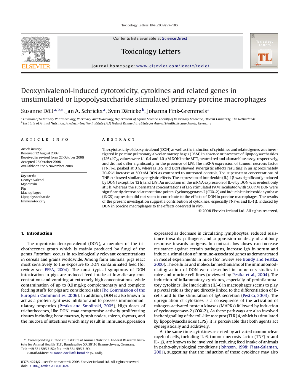 Deoxynivalenol-induced cytotoxicity, cytokines and related genes in unstimulated or lipopolysaccharide stimulated primary porcine macrophages