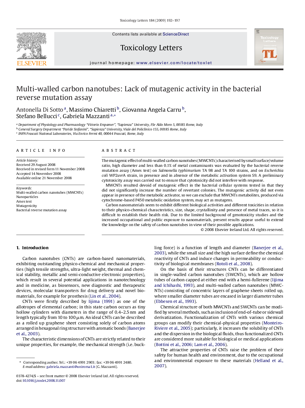 Multi-walled carbon nanotubes: Lack of mutagenic activity in the bacterial reverse mutation assay