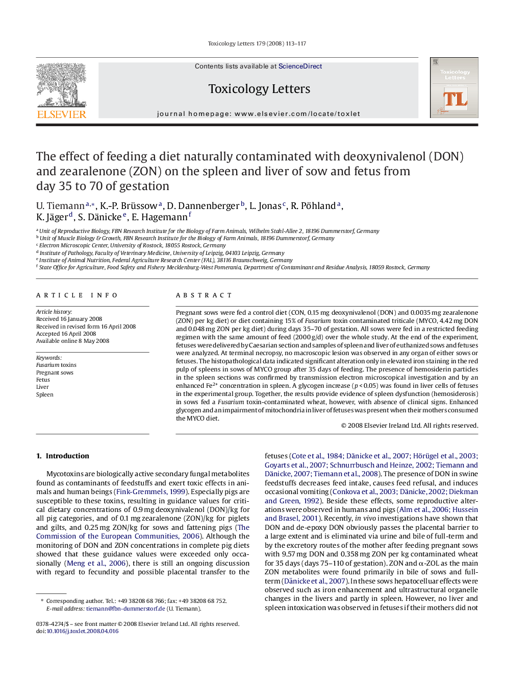 The effect of feeding a diet naturally contaminated with deoxynivalenol (DON) and zearalenone (ZON) on the spleen and liver of sow and fetus from day 35 to 70 of gestation