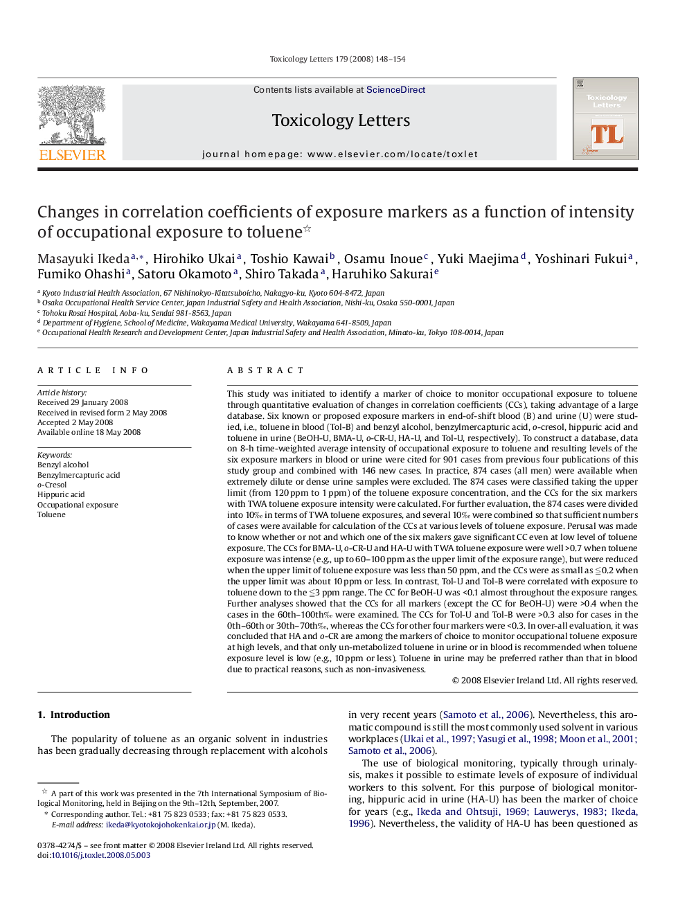 Changes in correlation coefficients of exposure markers as a function of intensity of occupational exposure to toluene 