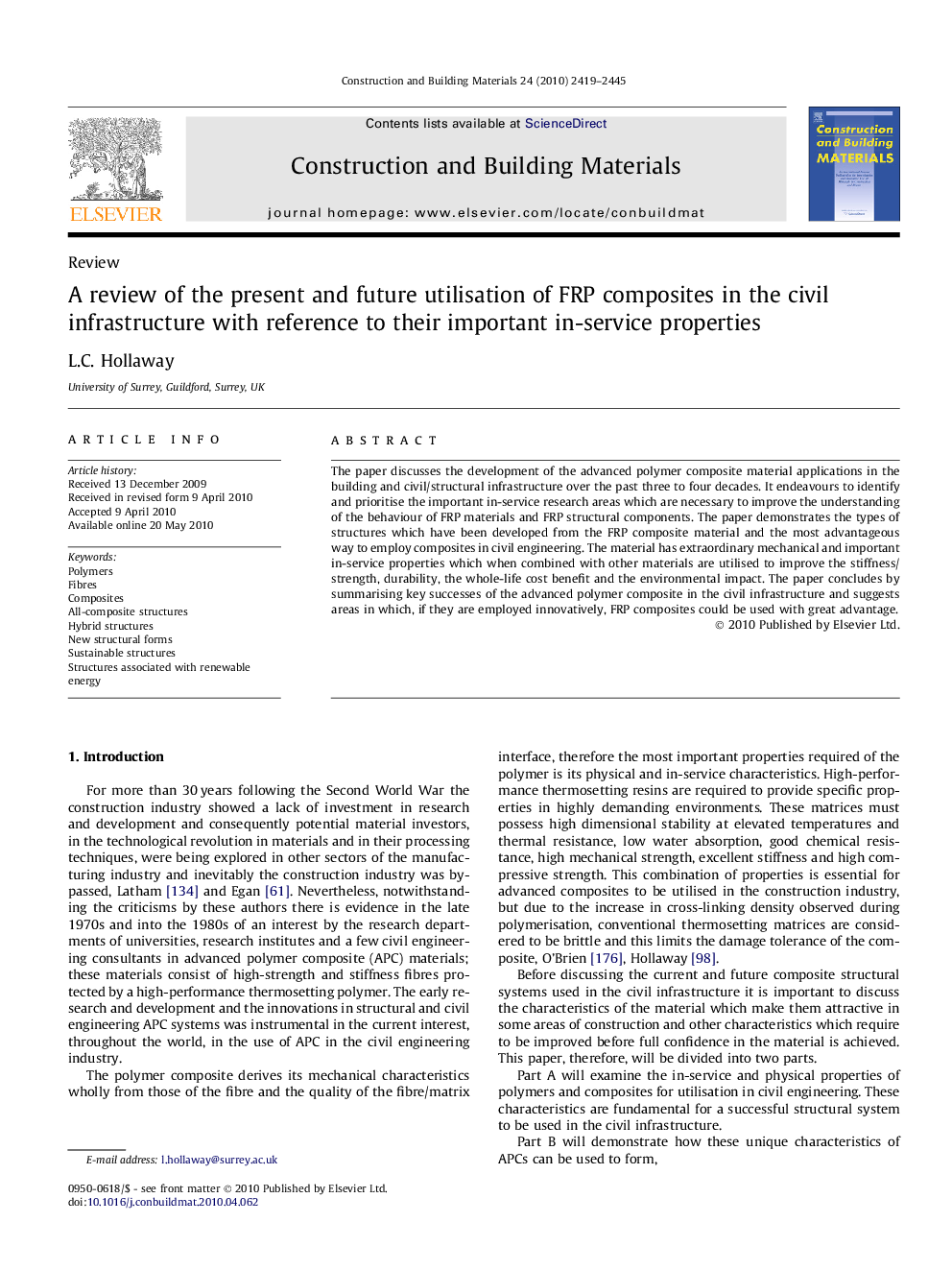 A review of the present and future utilisation of FRP composites in the civil infrastructure with reference to their important in-service properties