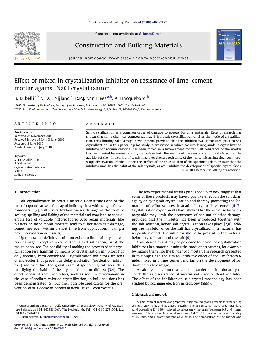 Effect of mixed in crystallization inhibitor on resistance of lime–cement mortar against NaCl crystallization