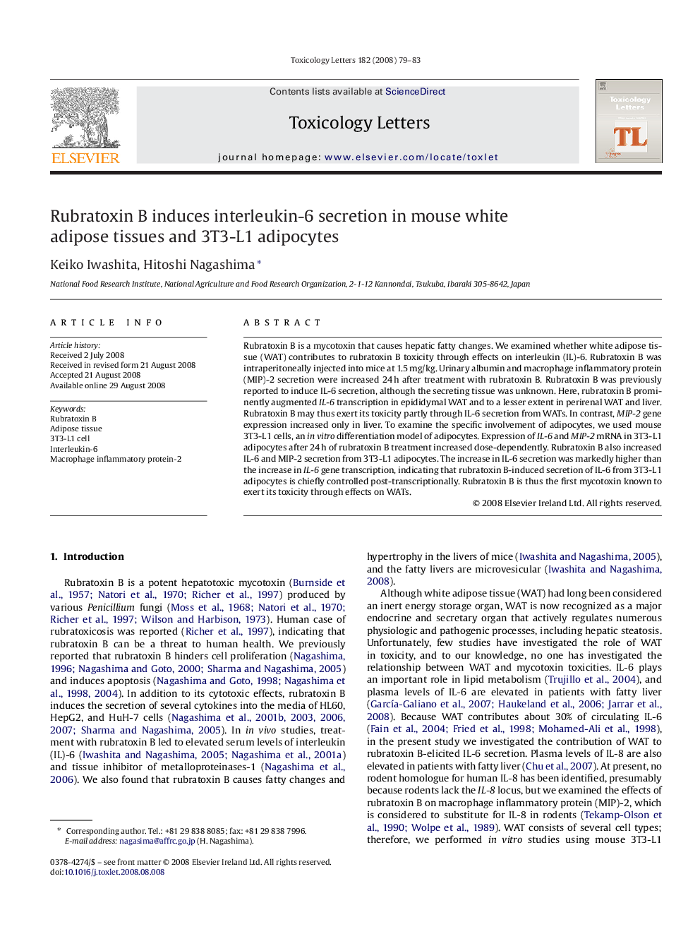 Rubratoxin B induces interleukin-6 secretion in mouse white adipose tissues and 3T3-L1 adipocytes