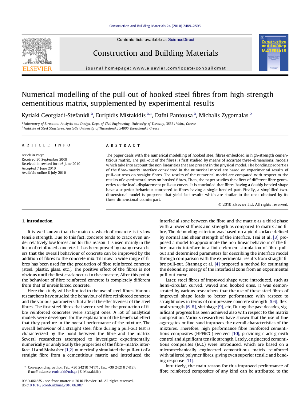 Numerical modelling of the pull-out of hooked steel fibres from high-strength cementitious matrix, supplemented by experimental results