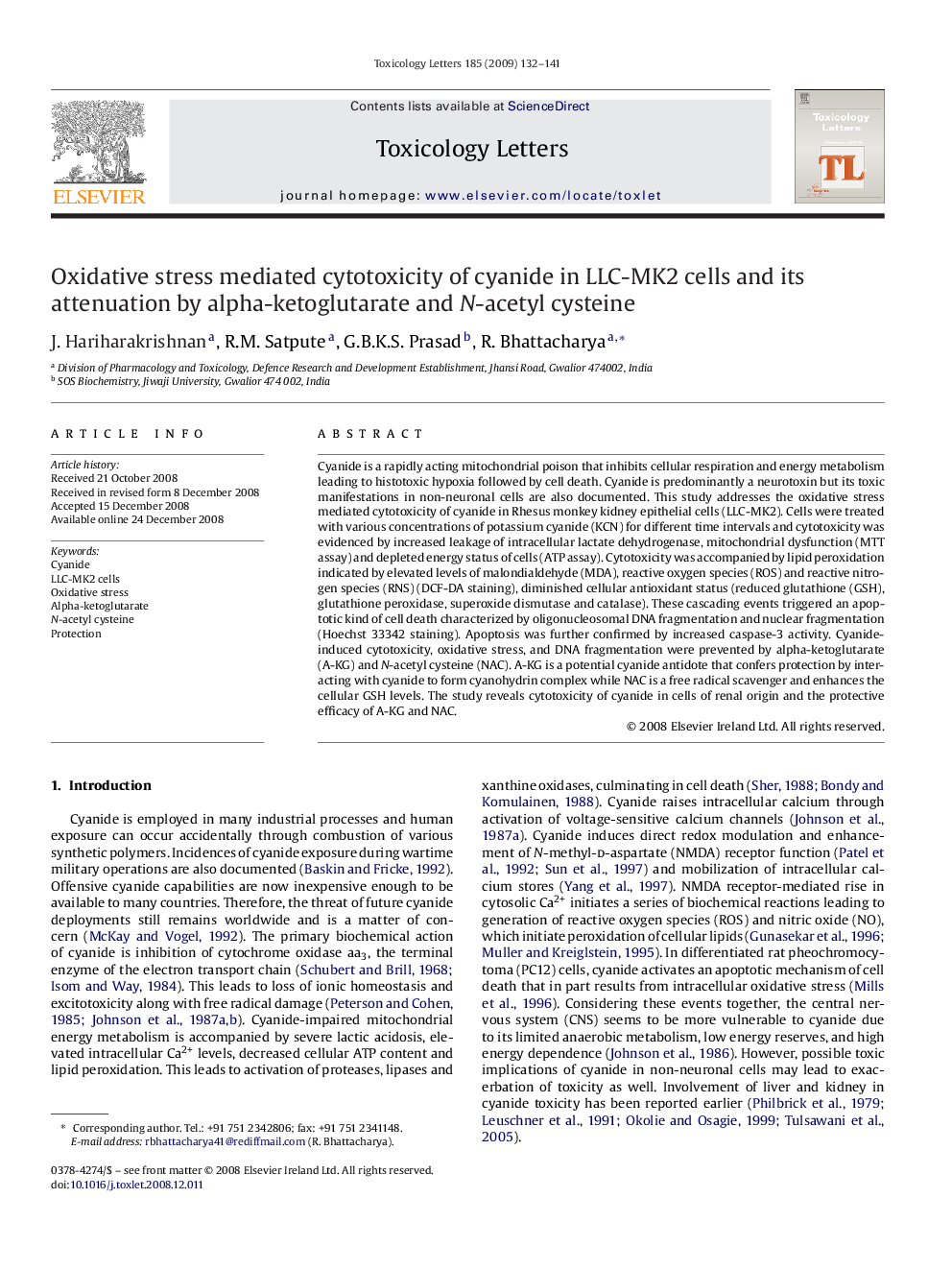 Oxidative stress mediated cytotoxicity of cyanide in LLC-MK2 cells and its attenuation by alpha-ketoglutarate and N-acetyl cysteine