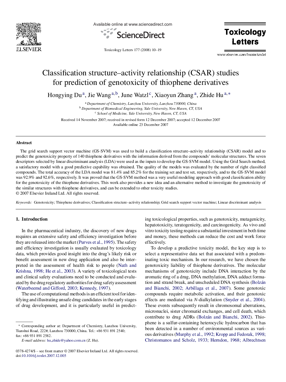 Classification structure–activity relationship (CSAR) studies for prediction of genotoxicity of thiophene derivatives