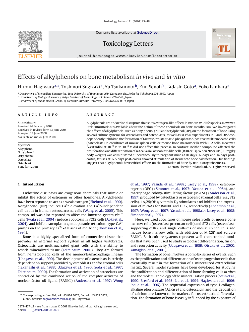 Effects of alkylphenols on bone metabolism in vivo and in vitro