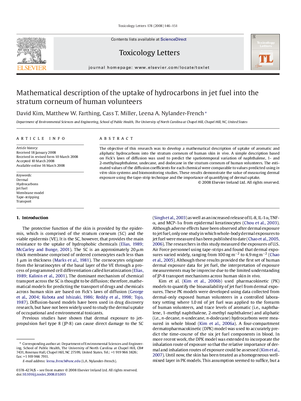 Mathematical description of the uptake of hydrocarbons in jet fuel into the stratum corneum of human volunteers