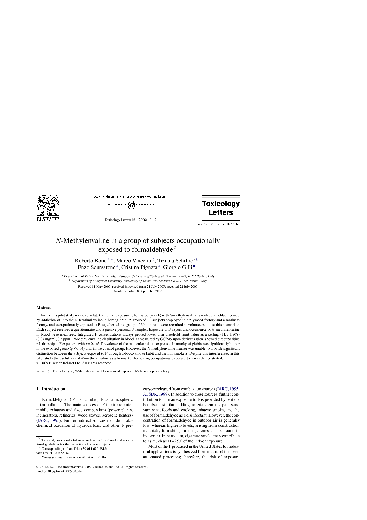 N-Methylenvaline in a group of subjects occupationally exposed to formaldehyde 