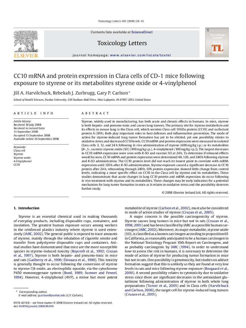 CC10 mRNA and protein expression in Clara cells of CD-1 mice following exposure to styrene or its metabolites styrene oxide or 4-vinylphenol