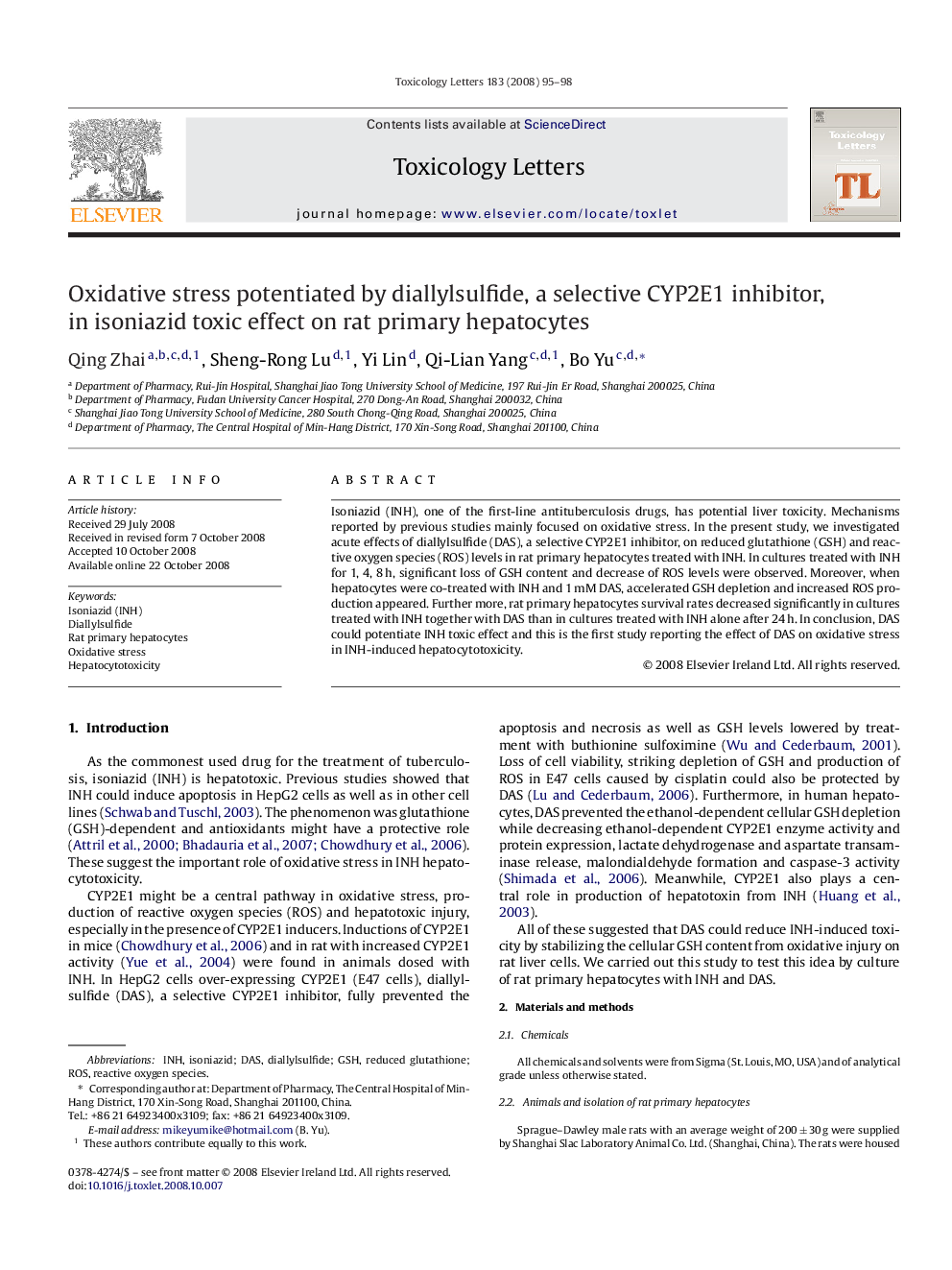 Oxidative stress potentiated by diallylsulfide, a selective CYP2E1 inhibitor, in isoniazid toxic effect on rat primary hepatocytes