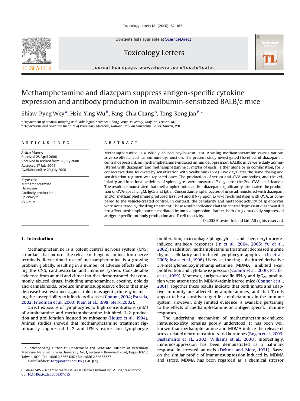 Methamphetamine and diazepam suppress antigen-specific cytokine expression and antibody production in ovalbumin-sensitized BALB/c mice