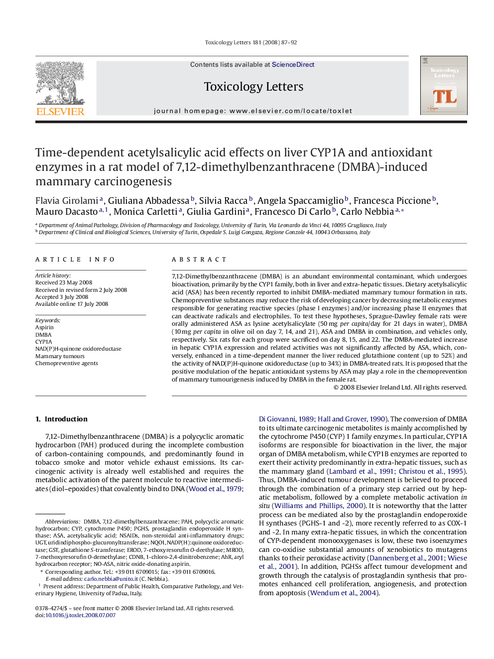 Time-dependent acetylsalicylic acid effects on liver CYP1A and antioxidant enzymes in a rat model of 7,12-dimethylbenzanthracene (DMBA)-induced mammary carcinogenesis