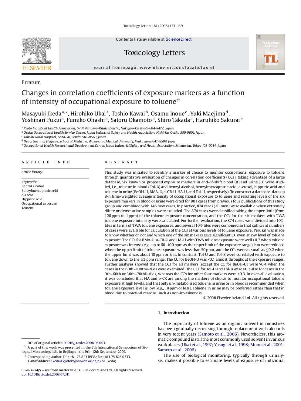 Changes in correlation coefficients of exposure markers as a function of intensity of occupational exposure to toluene 