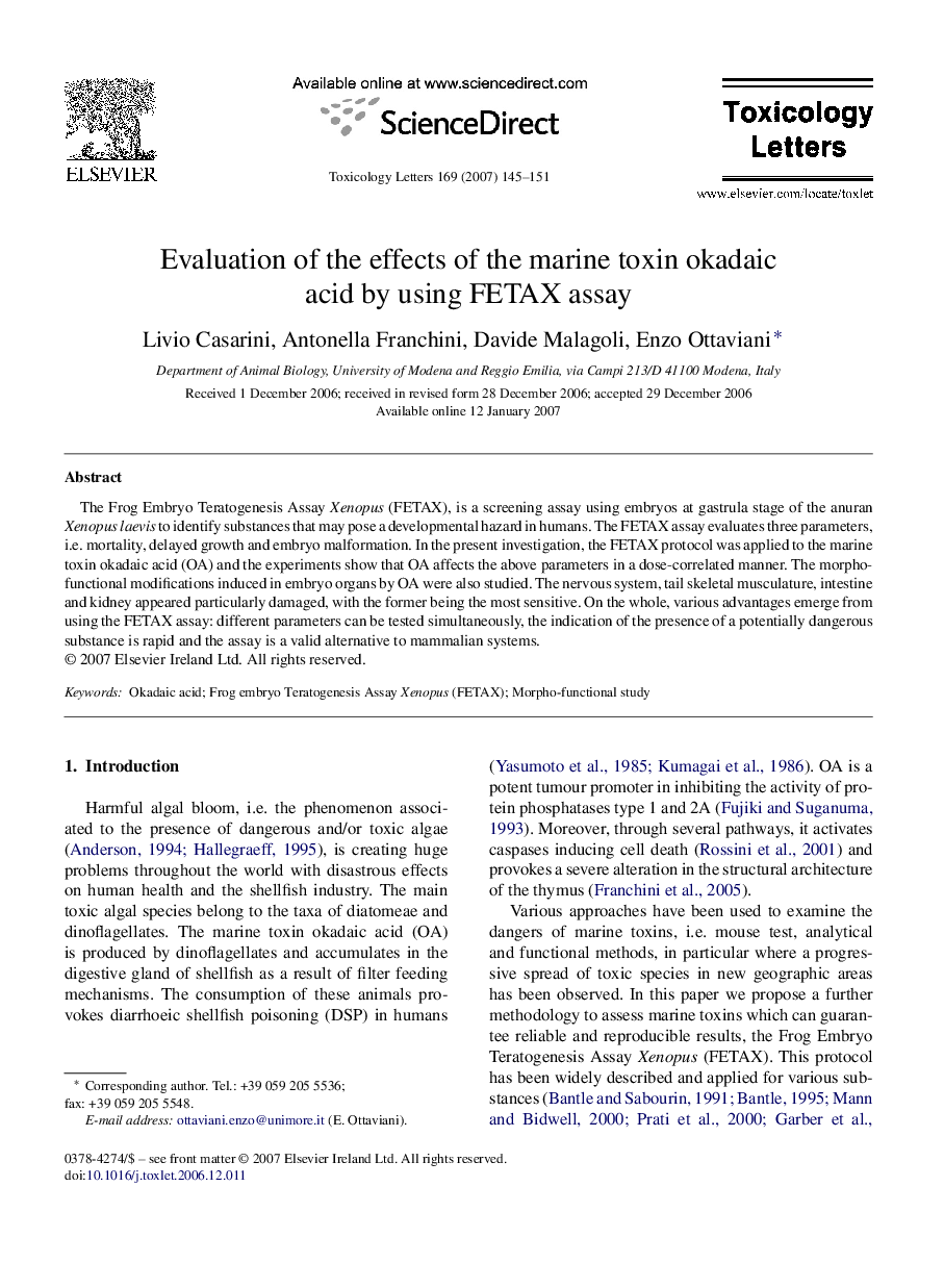 Evaluation of the effects of the marine toxin okadaic acid by using FETAX assay