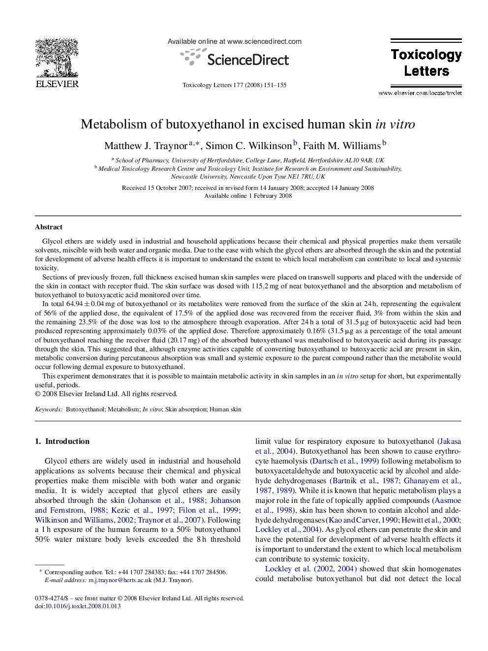 Metabolism of butoxyethanol in excised human skin in vitro