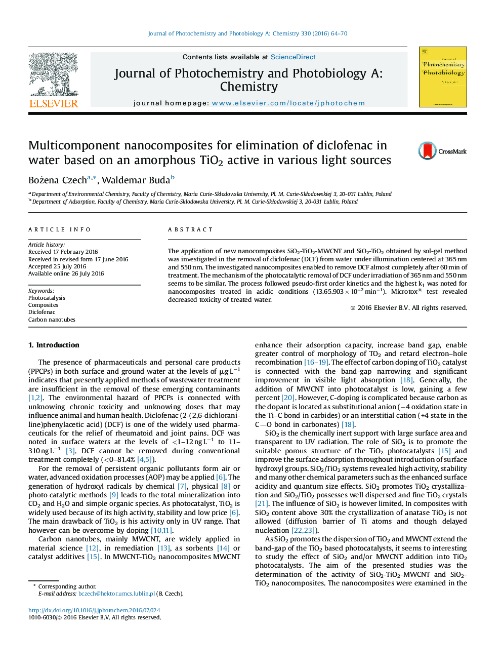 عکس صفحه اول مقاله: Multicomponent nanocomposites for elimination of diclofenac in water based on an amorphous TiO2 active in various light sources Multicomponent nanocomposites for elimination of diclofenac in water based on an amorphous TiO2 active in various light sources
