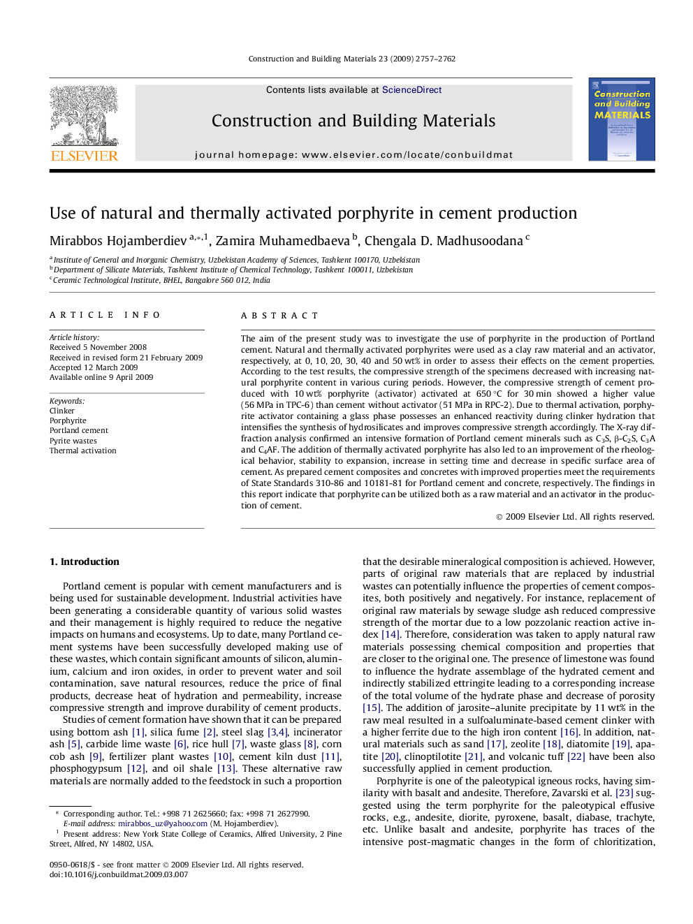 Use of natural and thermally activated porphyrite in cement production