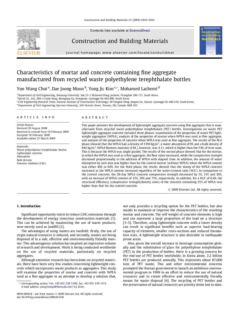 Characteristics of mortar and concrete containing fine aggregate manufactured from recycled waste polyethylene terephthalate bottles