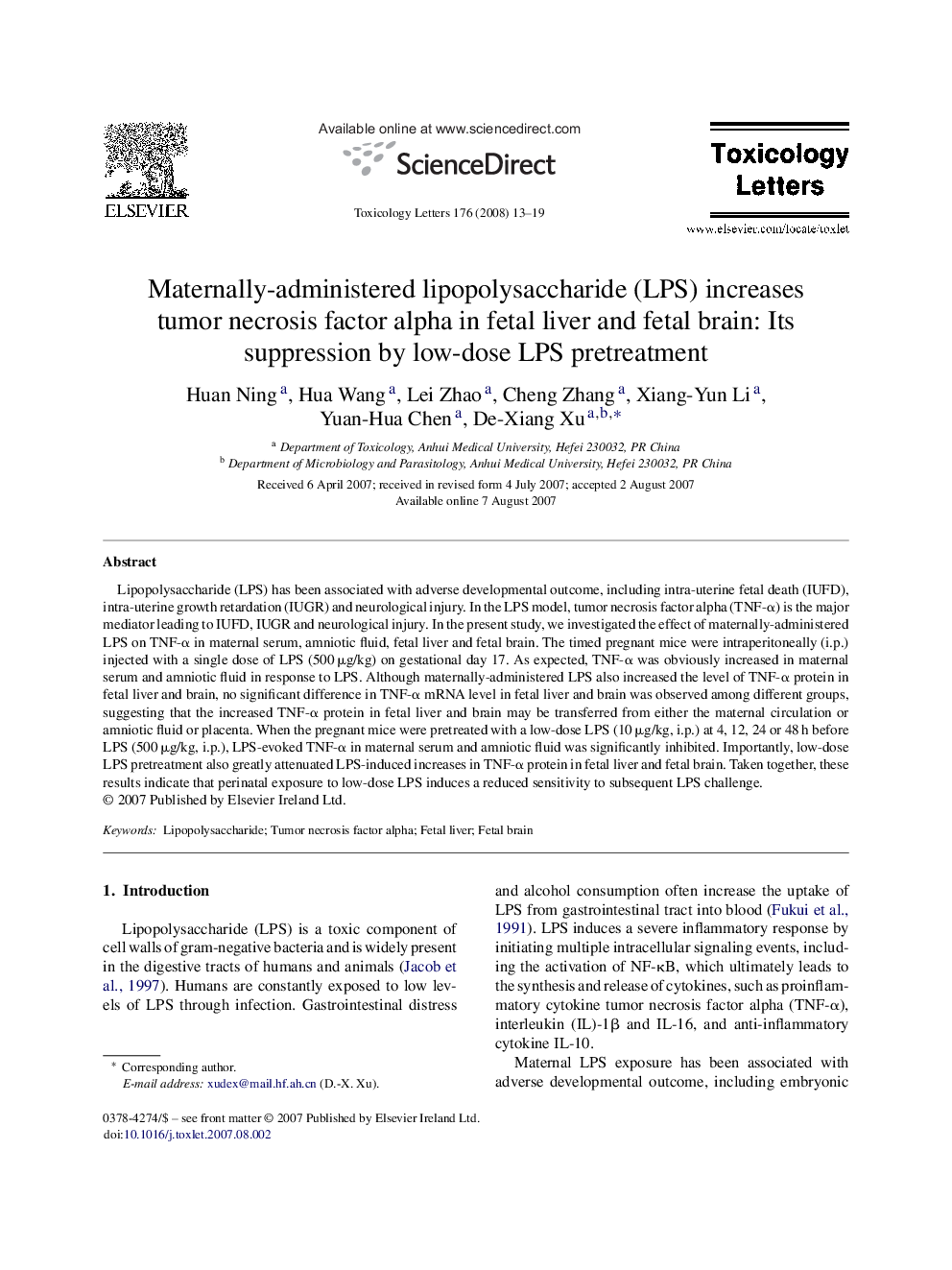 Maternally-administered lipopolysaccharide (LPS) increases tumor necrosis factor alpha in fetal liver and fetal brain: Its suppression by low-dose LPS pretreatment