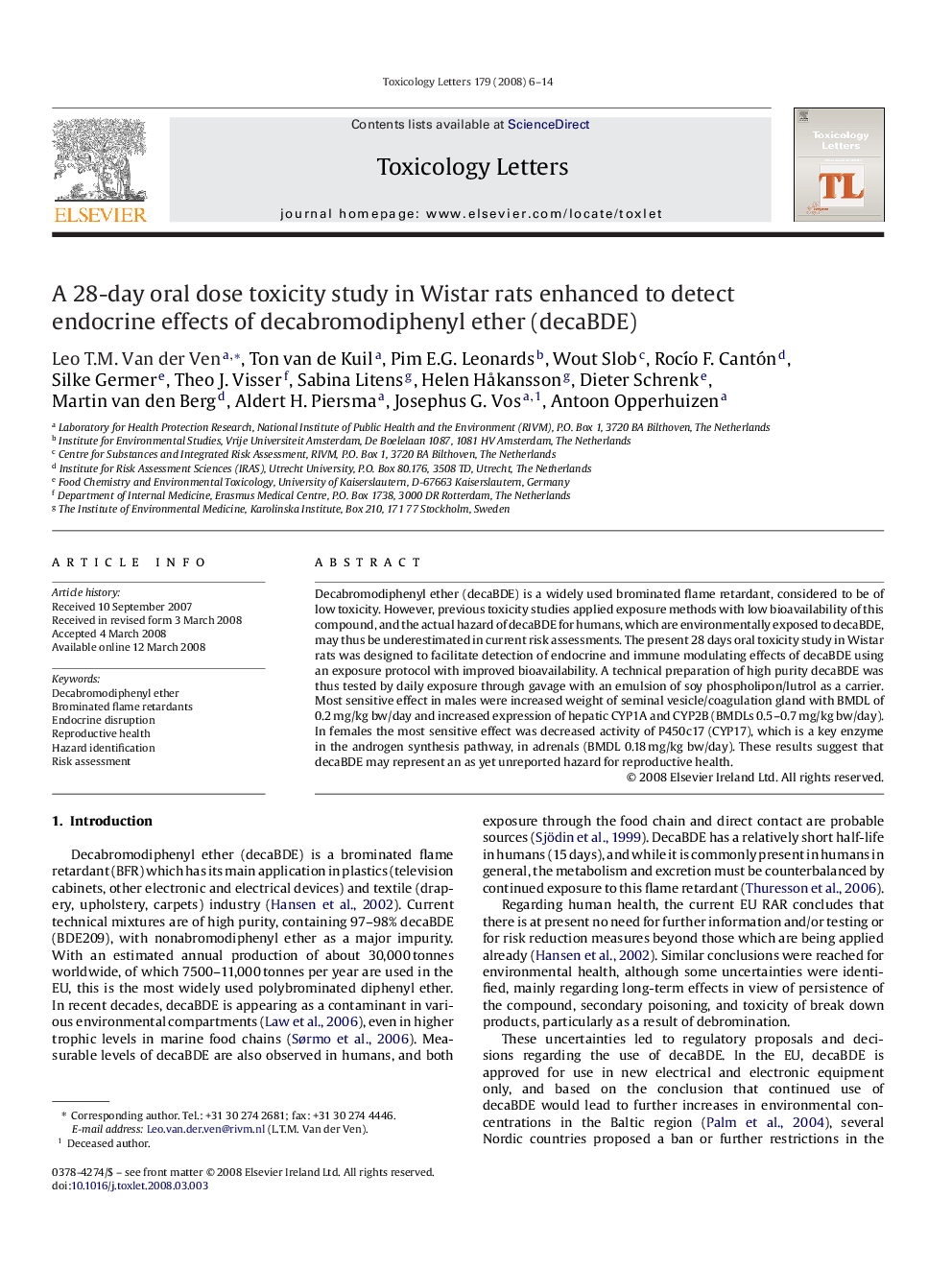 A 28-day oral dose toxicity study in Wistar rats enhanced to detect endocrine effects of decabromodiphenyl ether (decaBDE)