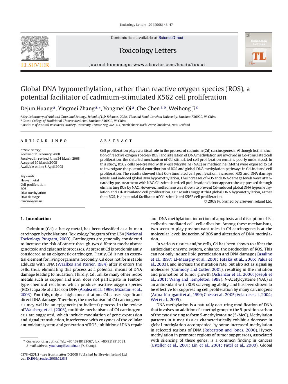 Global DNA hypomethylation, rather than reactive oxygen species (ROS), a potential facilitator of cadmium-stimulated K562 cell proliferation