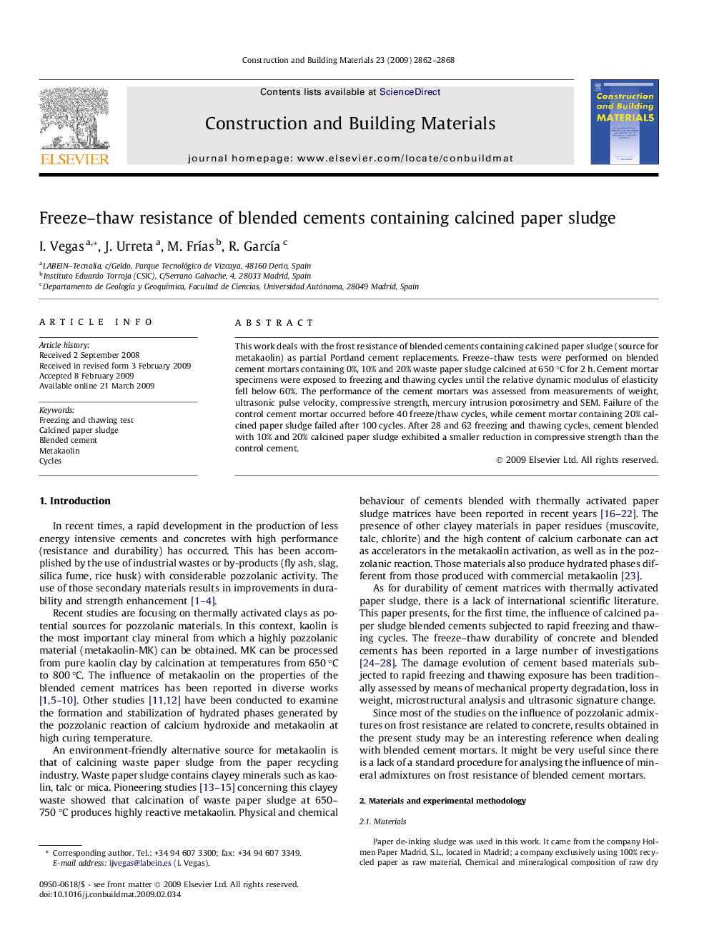 Freeze–thaw resistance of blended cements containing calcined paper sludge