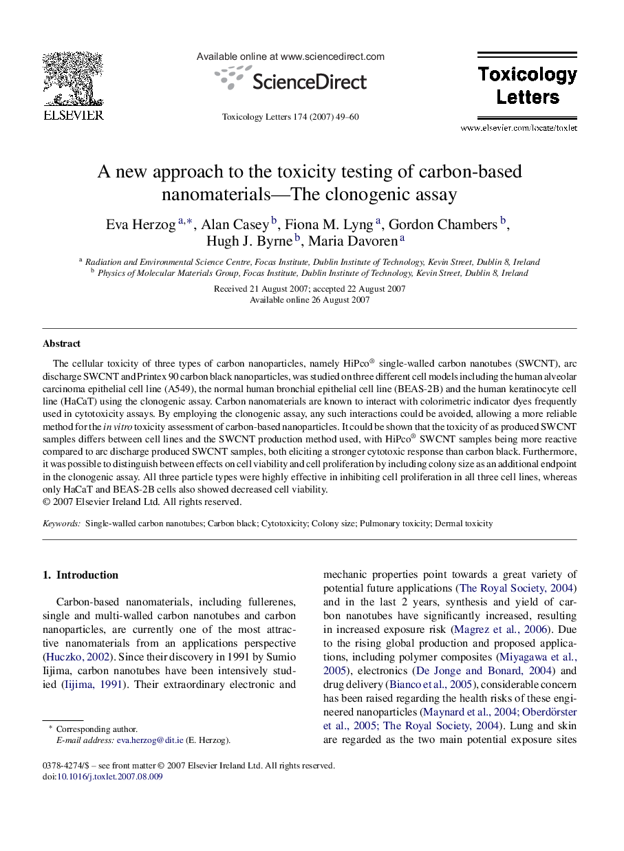 A new approach to the toxicity testing of carbon-based nanomaterials—The clonogenic assay