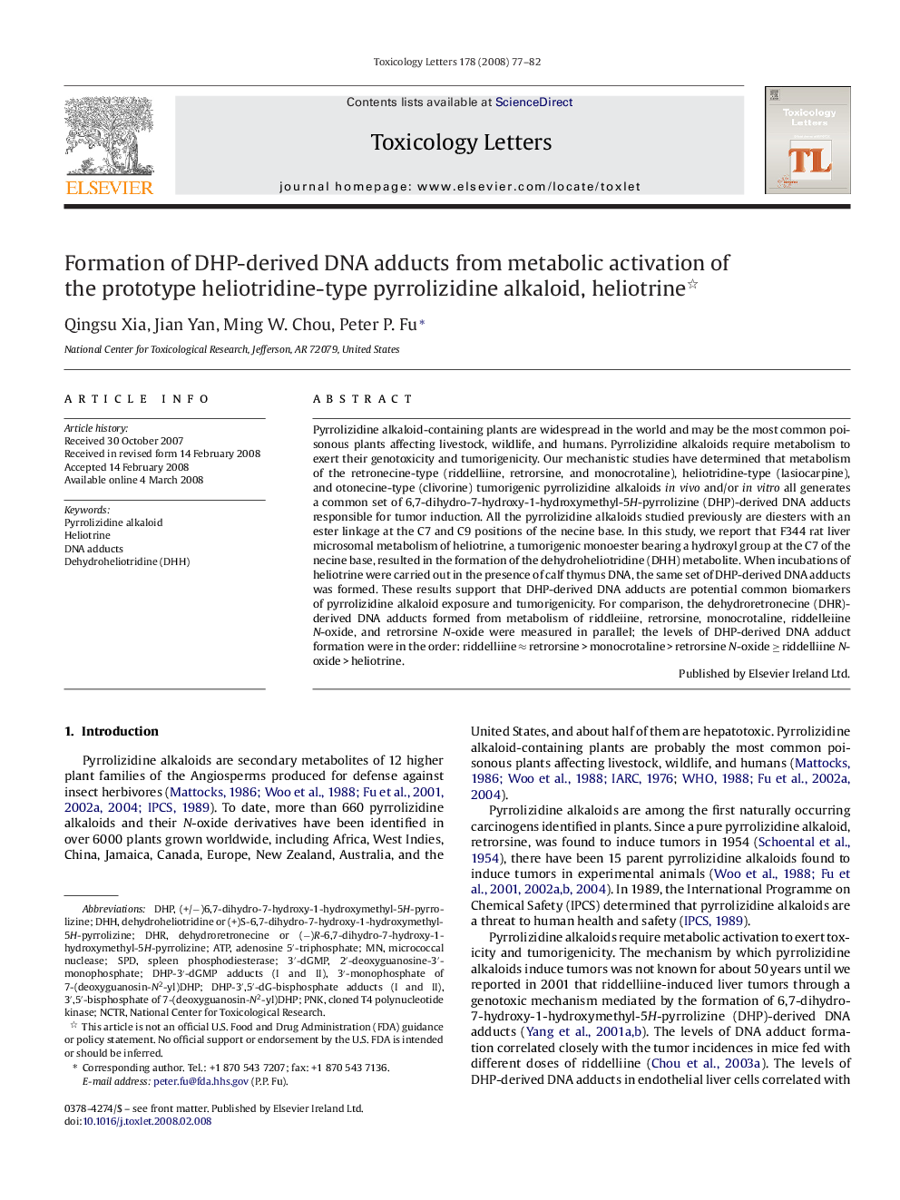Formation of DHP-derived DNA adducts from metabolic activation of the prototype heliotridine-type pyrrolizidine alkaloid, heliotrine 
