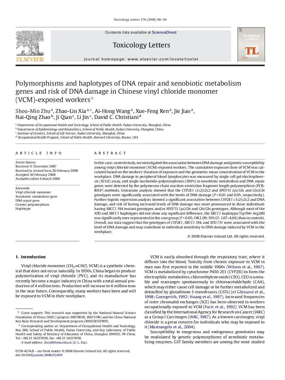 Polymorphisms and haplotypes of DNA repair and xenobiotic metabolism genes and risk of DNA damage in Chinese vinyl chloride monomer (VCM)-exposed workers 