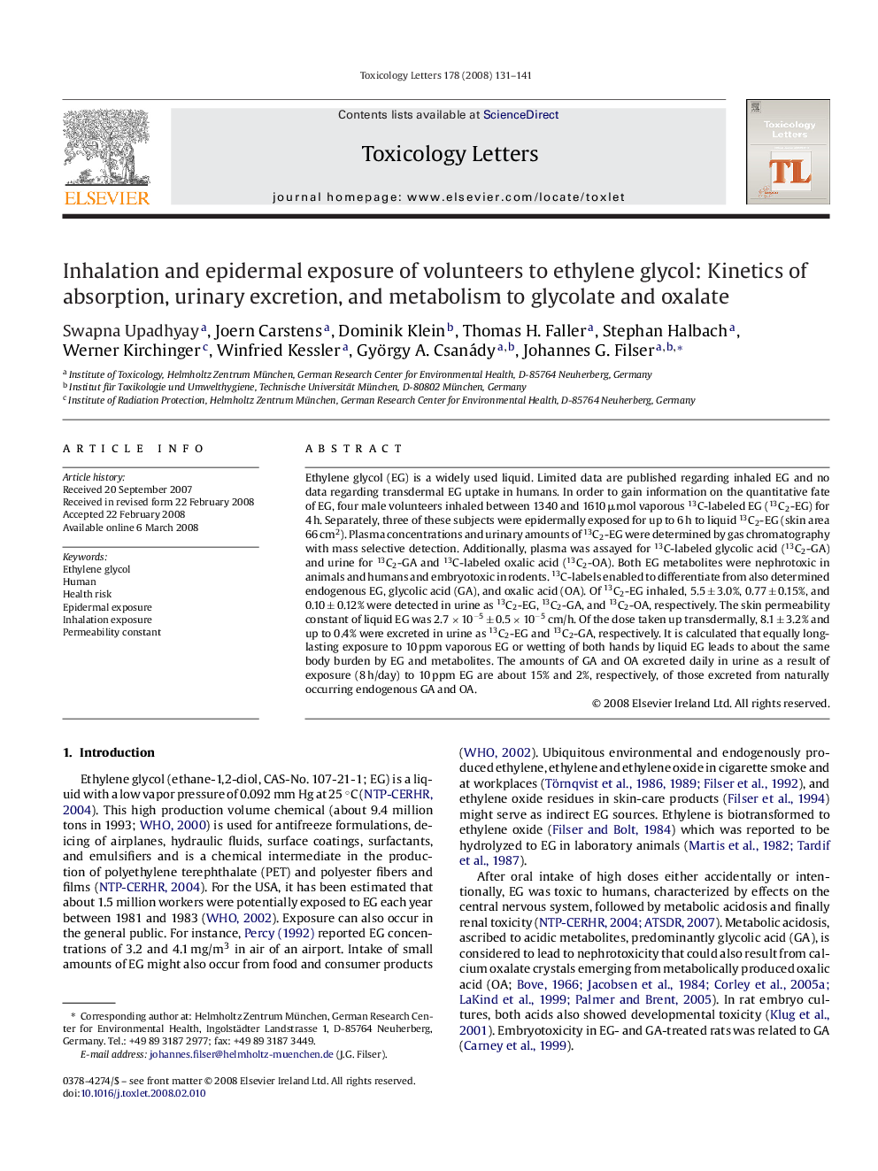 Inhalation and epidermal exposure of volunteers to ethylene glycol: Kinetics of absorption, urinary excretion, and metabolism to glycolate and oxalate