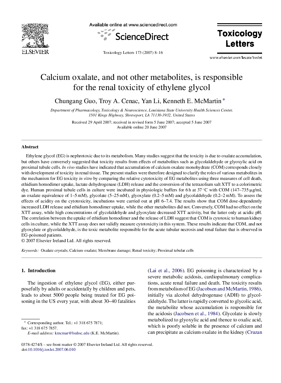 Calcium oxalate, and not other metabolites, is responsible for the renal toxicity of ethylene glycol