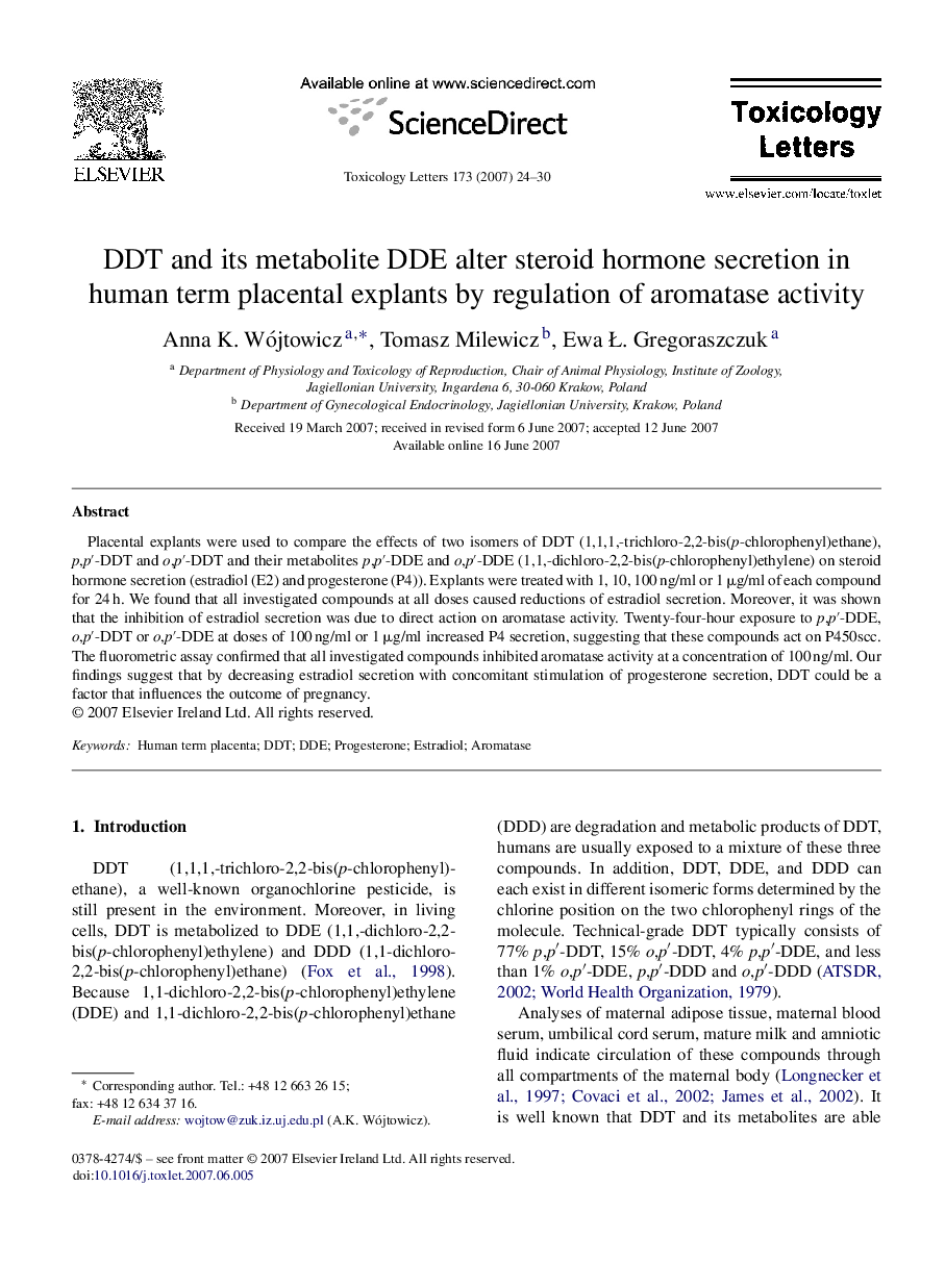 DDT and its metabolite DDE alter steroid hormone secretion in human term placental explants by regulation of aromatase activity