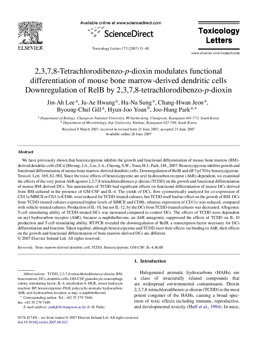 2,3,7,8-Tetrachlorodibenzo-p-dioxin modulates functional differentiation of mouse bone marrow-derived dendritic cells: Downregulation of RelB by 2,3,7,8-tetrachlorodibenzo-p-dioxin