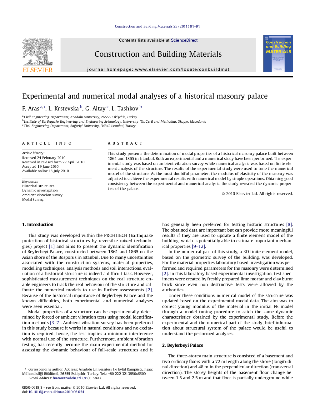 Experimental and numerical modal analyses of a historical masonry palace