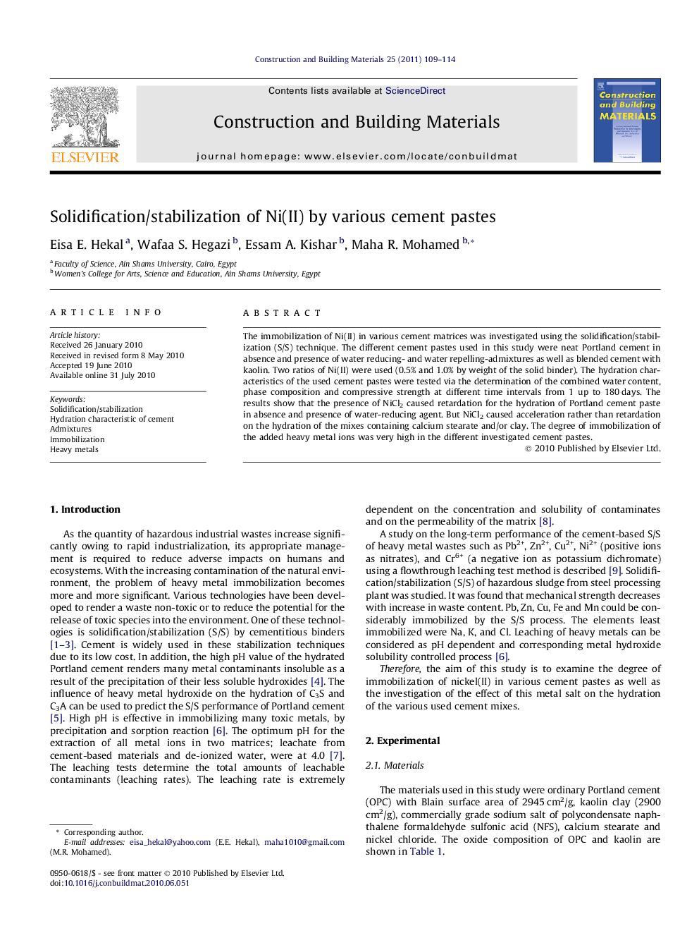 Solidification/stabilization of Ni(II) by various cement pastes