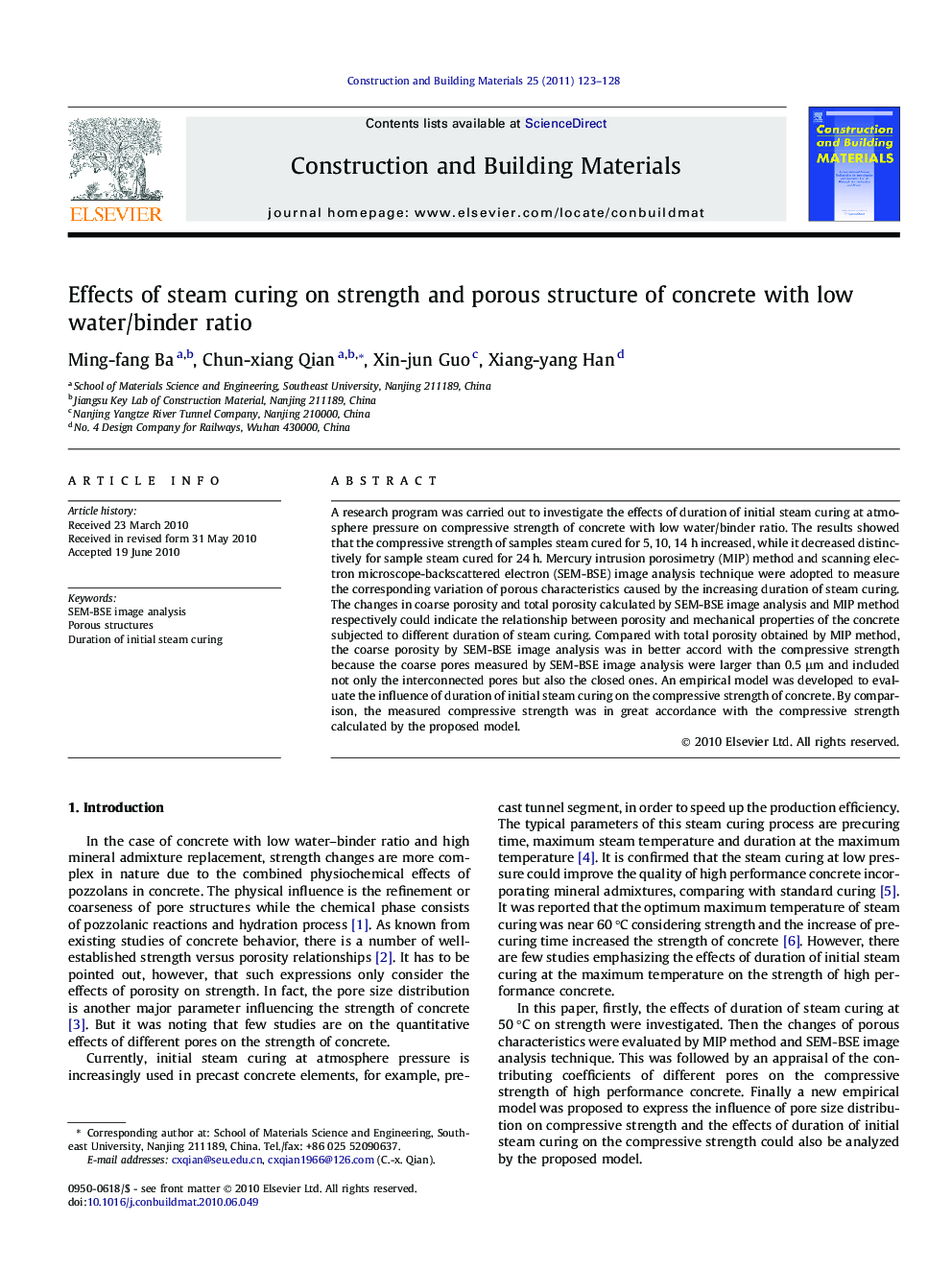 Effects of steam curing on strength and porous structure of concrete with low water/binder ratio