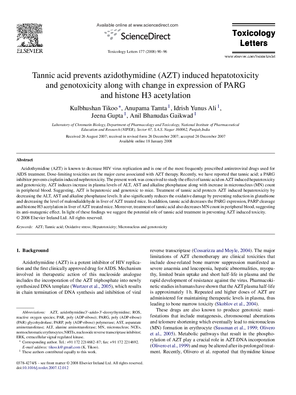 Tannic acid prevents azidothymidine (AZT) induced hepatotoxicity and genotoxicity along with change in expression of PARG and histone H3 acetylation