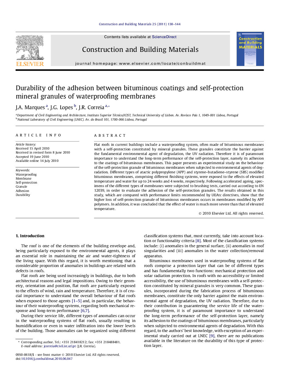 Durability of the adhesion between bituminous coatings and self-protection mineral granules of waterproofing membranes