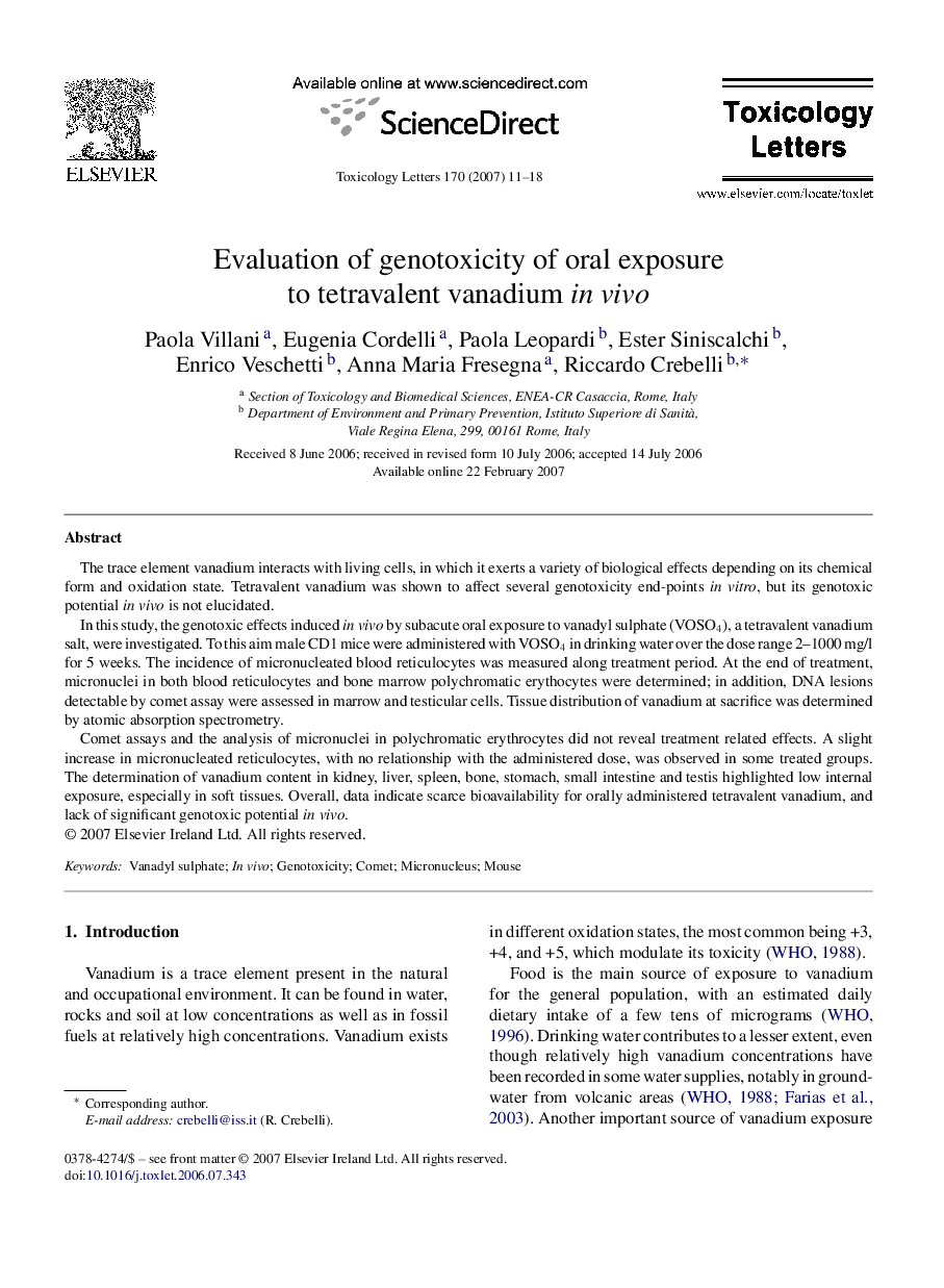 Evaluation of genotoxicity of oral exposure to tetravalent vanadium in vivo