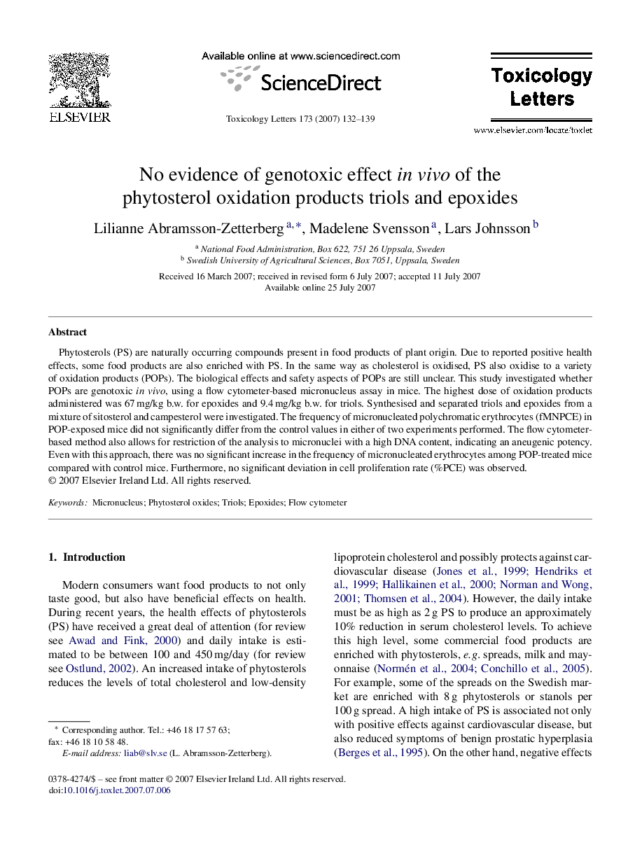 No evidence of genotoxic effect in vivo of the phytosterol oxidation products triols and epoxides