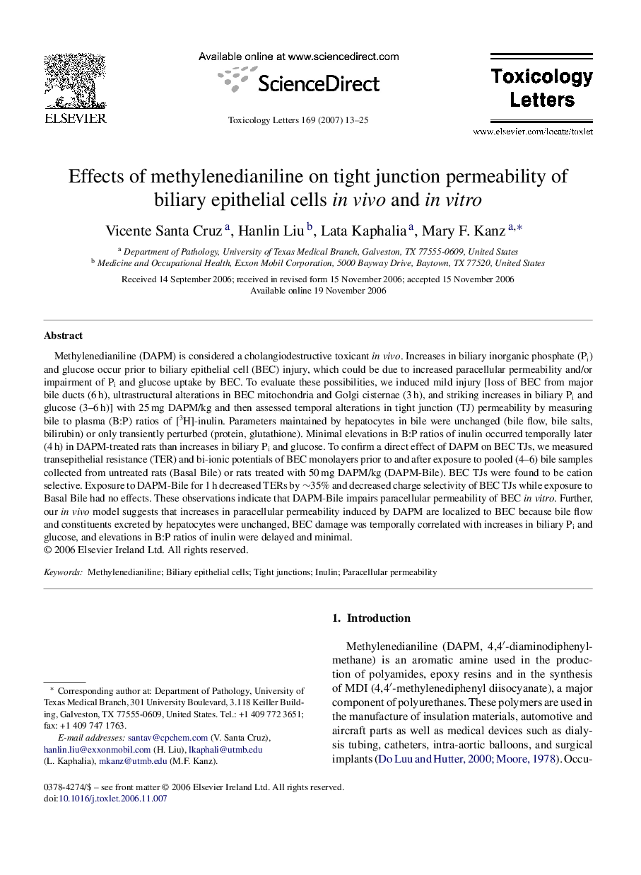 Effects of methylenedianiline on tight junction permeability of biliary epithelial cells in vivo and in vitro