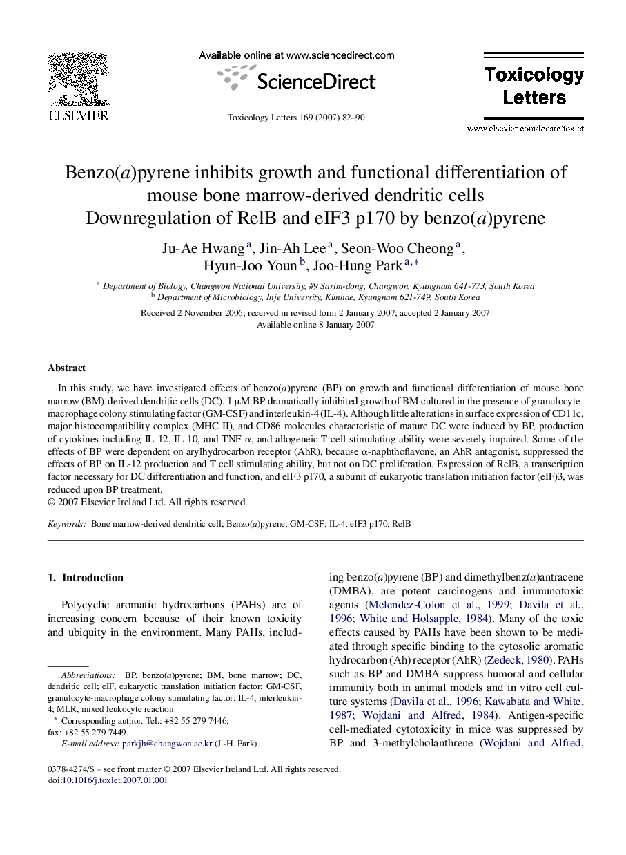 Benzo(a)pyrene inhibits growth and functional differentiation of mouse bone marrow-derived dendritic cells: Downregulation of RelB and eIF3 p170 by benzo(a)pyrene