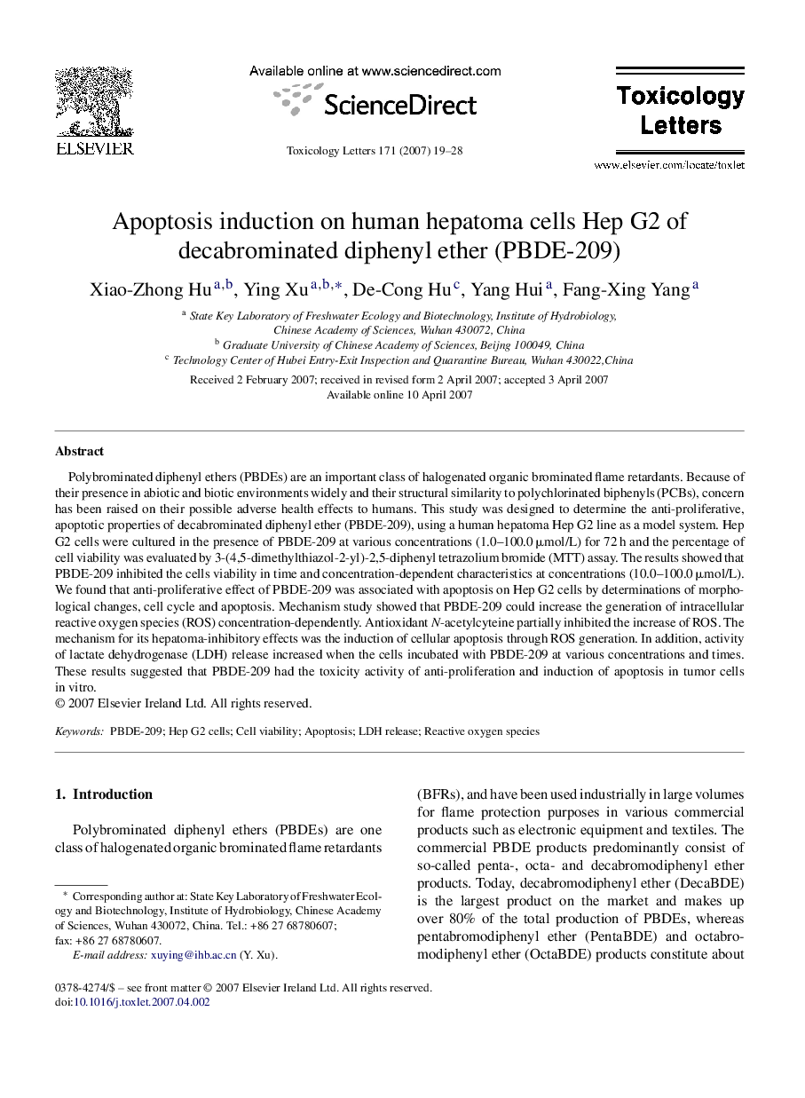 Apoptosis induction on human hepatoma cells Hep G2 of decabrominated diphenyl ether (PBDE-209)