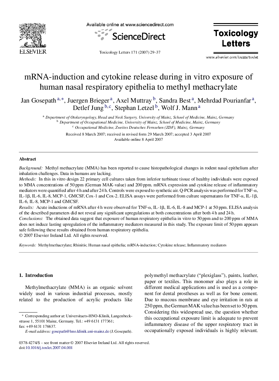 mRNA-induction and cytokine release during in vitro exposure of human nasal respiratory epithelia to methyl methacrylate